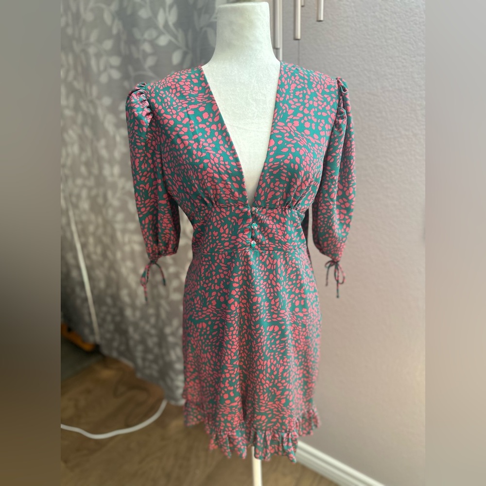 Zack forest green pink ruffle dress short sleeves size medium